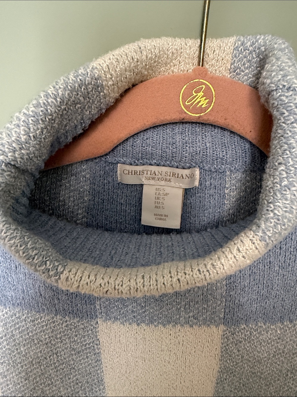 Christian Siriano Blue and White Buffalo Check Turtleneck Sweater - Picture 2 of 6